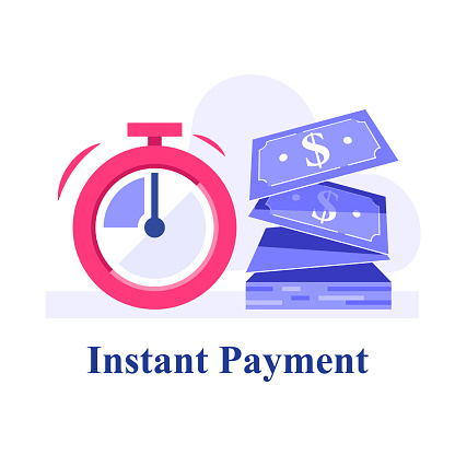 Fast cash loan, dollar bill and stopwatch, financial solution, micro lending, easy money transfer, finance provision concept, send currency quickly, vector flat illustration