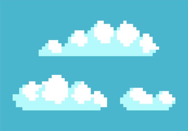 White Clouds in Blue Sky Vector Illustration Pixel White clouds in blue sky vector illustration pixel art design clouds in sky isolated on blue background, 2D game interface skyland and fluffy squared clouds pixel sky background stock illustrations