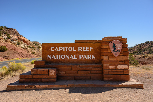 Capitol Reef National Park, United States: October 5, 2019: Capitol Reef Sign from Straight On at entrance to park