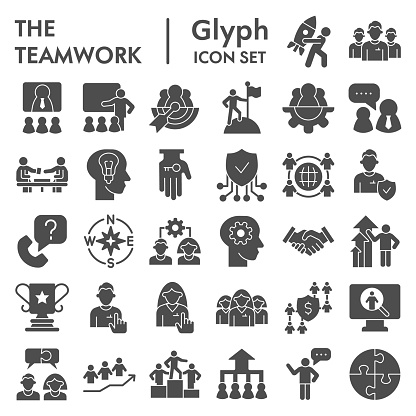 Teamwork solid icon set, Business or career signs collection, sketches, logo illustrations, web symbols, glyph style pictograms package isolated on white background. Vector graphics