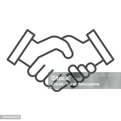 istock Mans handshake thin line icon. Business shake, deal agreement symbol, outline style pictogram on white background. Teamwork or teambuilding sign for mobile concept or web design. Vector graphics. 1214504629