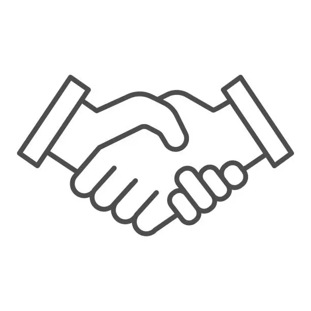 Vector illustration of Mans handshake thin line icon. Business shake, deal agreement symbol, outline style pictogram on white background. Teamwork or teambuilding sign for mobile concept or web design. Vector graphics.