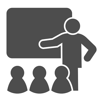 Lecturer blackboard with students solid icon. Lecture or training lesson symbol, glyph style pictogram on white background. Teamwork sign for mobile concept, web design. Vector graphics