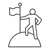 istock Man on top of mountain with flag thin line icon. Discoverer, victory person symbol, outline style pictogram on white background. Teamwork sign for mobile concept and web design. Vector graphics. 1214504715