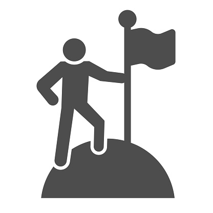 Man on top of mountain with flag solid icon. Discoverer, victory person symbol, glyph style pictogram on white background. Teamwork sign for mobile concept and web design. Vector graphics
