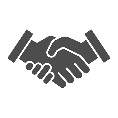 Mans handshake solid icon. Business shake, deal agreement symbol, glyph style pictogram on white background. Teamwork or teambuilding sign for mobile concept or web design. Vector graphics