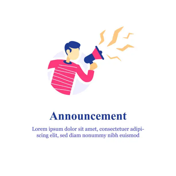 Vector illustration of Event announcement, man holding megaphone and shouting, special offer concept, refer a friend program