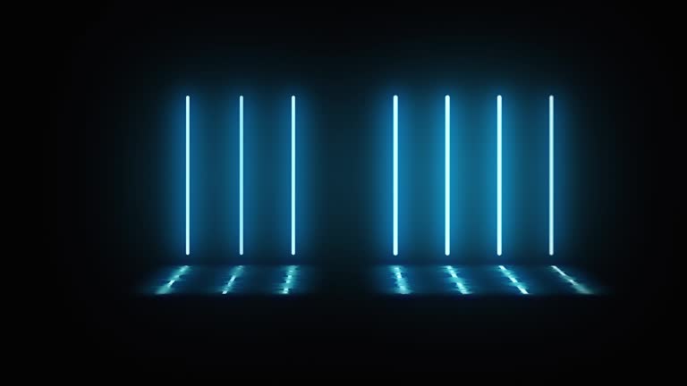 Neon vertical lamps alternately turn on, glow and turn off in the dark. Lamps glow with blue light. In puddles reflection from lamps. Black background. Motion graphics.