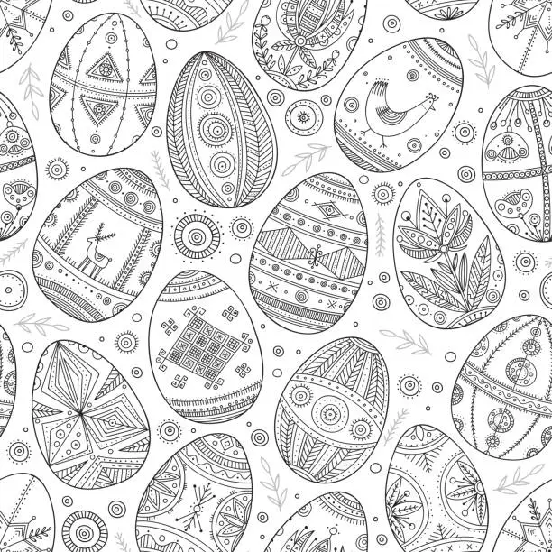 Vector illustration of Easter eggs in Ukrainian traditional style seamless pattern.