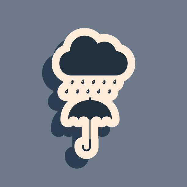 ilustrações, clipart, desenhos animados e ícones de nuvem negra com gota de chuva no ícone do guarda-chuva isolado no fundo cinza. estilo de sombra longa. ilustração vetorial - cold rain parasol gray