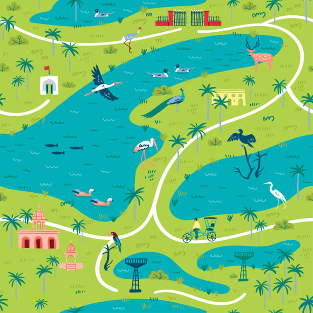 Seamless pattern of Bharatpur Bird Sanctuary map Illustration of Bharatpur Bird Sanctuary landscape map with lot of wetland birds. Seamless pattern can be printed and used as wrapping paper, wallpaper, textile, fabric, etc. bharatpur stock illustrations