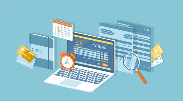 podatek za pośrednictwem laptopa. usługa płatności mobilnych. rząd, podatki państwowe. formularz podatkowy, kalendarz finansowy, szkło powiększające, pieniądze, karta kredytowa, faktury, budzik. izometryczna ilustracja wektorowa 3d. - tax tax form financial advisor calculator stock illustrations