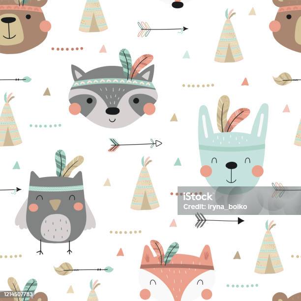 Boho Animal Pattern Cute Print Boho Style Seamless Pattern With Cute Little Animals Vector ...