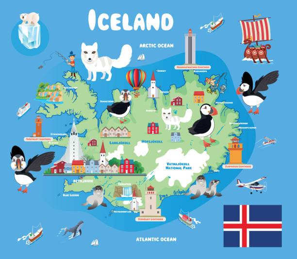 illustrazioni stock, clip art, cartoni animati e icone di tendenza di mappa di viaggio islandese - islande