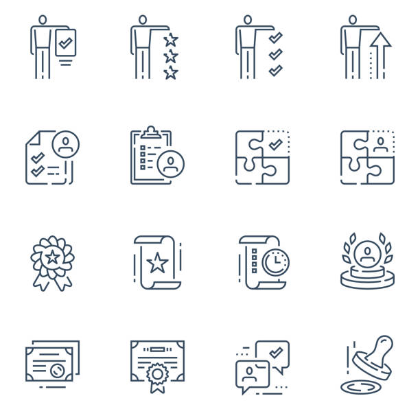 Attestation services, compliance check list, expertise assessment concept, licence certificate, employee capacity Attestation services, compliance check list, expertise assessment concept, licence certificate, employee capacity evaluation or examination, job suitability, human resources, vector line icon set straight talk stock illustrations