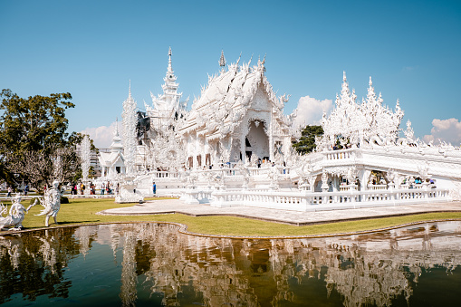 Wat Rong Khun, aka The White Temple, in Chiang Rai, Thailand. Panorama white temple Thailand Asia