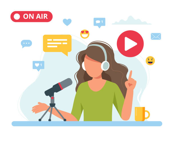 Female podcaster talking to microphone recording podcast in studio. Vector illustration in flat style Vector illustration in flat style podcasting illustrations stock illustrations
