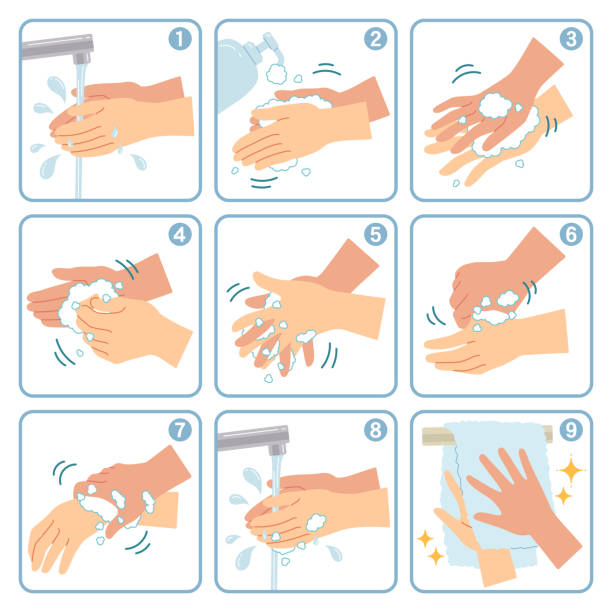 wie sie ihre hände richtig waschen, um eine virusinfektion zu verhindern. - washing hand stock-grafiken, -clipart, -cartoons und -symbole