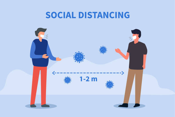사회적 거리. covid-19 바이러스 확산을 피하기 위해 사람들 사이의 공간. 1-2 미터 거리를 유지합니다. 벡터 일러스트레이션 - distanced stock illustrations