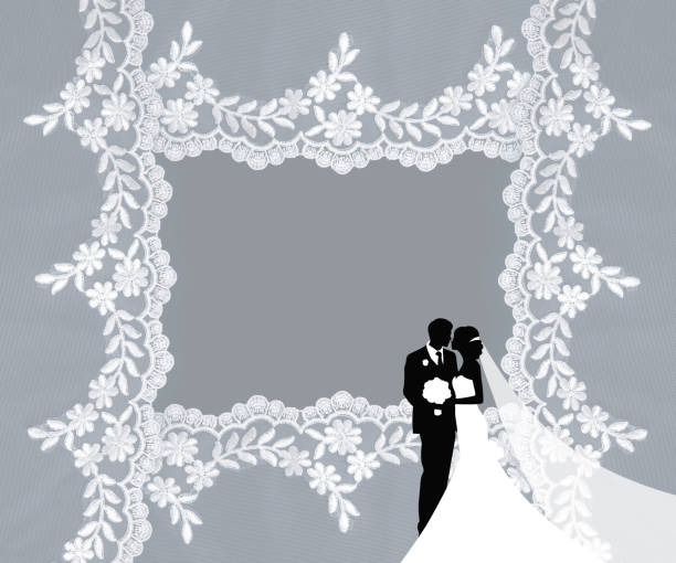 Invitation, greeting or wedding card with white lace and wedding silhouettes.