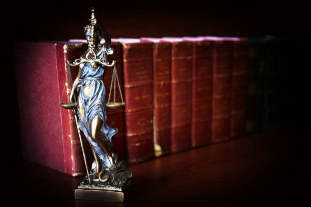 estatua de la justicia frente a los libros de leyes - themis - law weight scale legal system gavel fotografías e imágenes de stock