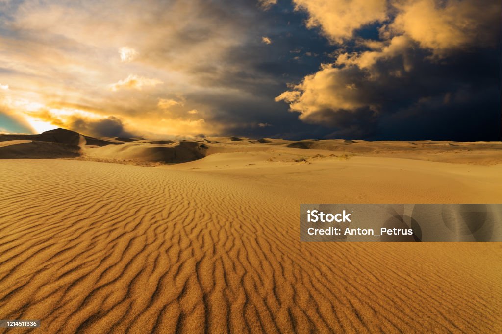 Beautiful sand dunes in the Sahara desert at sunset Deserts and Sand Dunes Landscape at sunset. Desert Area Stock Photo