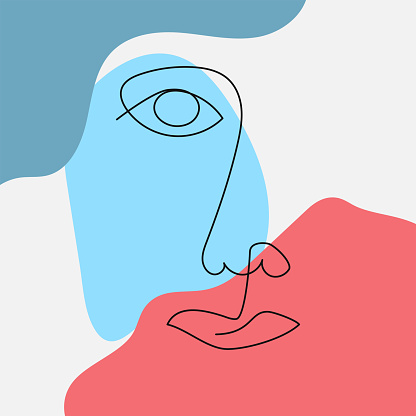 Sketch of a human face drawn by a continuous line on abstract color background. Modern vector illustration.