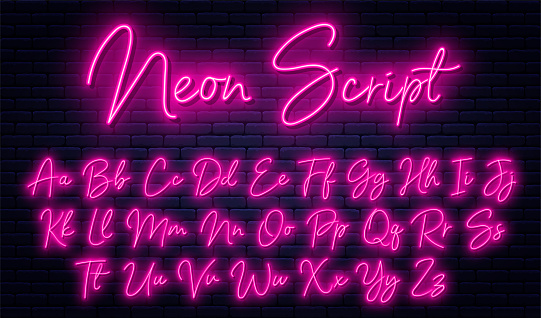 Glowing neon script alphabet. Neon font with uppercase and lowercase letters. Handwritten english alphabet with neon light effect. Vector