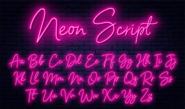 Vector illustration of Glowing neon script alphabet. Neon font with uppercase and lowercase letters. Handwritten english alphabet with neon light effect