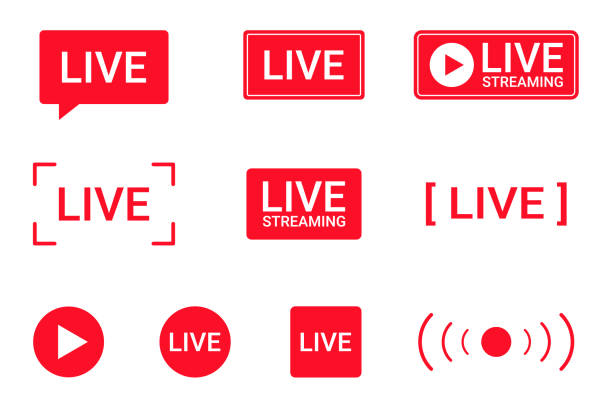 Set of live streaming icons. Red symbols and buttons of live streaming, broadcasting, online stream. Lower third template for TV, shows, movies and live performances Set of live streaming icons. Red symbols and buttons of live streaming, broadcasting, online stream. Lower third template for TV, shows, movies and live performances. Vector radio borders stock illustrations
