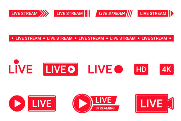 Set of live streaming icons. Red symbols and buttons of live streaming, broadcasting, online stream. Lower third template for TV, shows, movies and live performances Set of live streaming icons. Red symbols and buttons of live streaming, broadcasting, online stream. Lower third template for TV, shows, movies and live performances. Vector radio borders stock illustrations