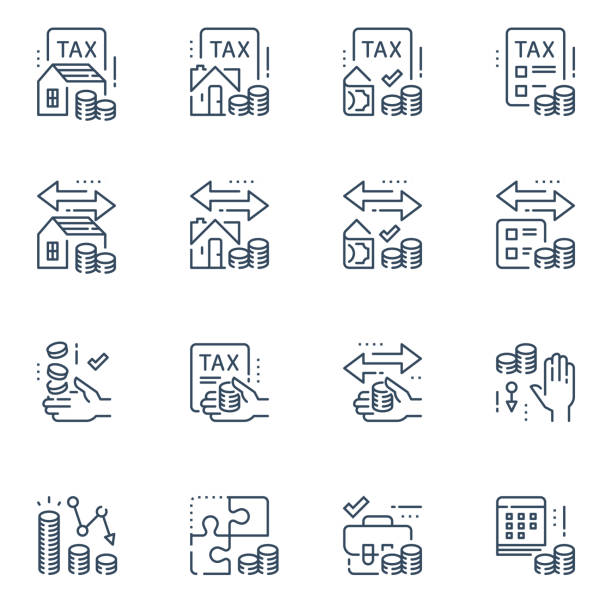 Tax return service, refund concept, mortgage refinance, annual payment, save money Tax return service, refund concept, mortgage refinance, annual payment, save money, taxation solution, prepare report, vector line icon set low memory stock illustrations