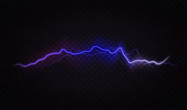 Vector illustration of Lightning flash effect. Realistic electric lightning, abstract thunderstorm. Lightning shock isolated on transparent background