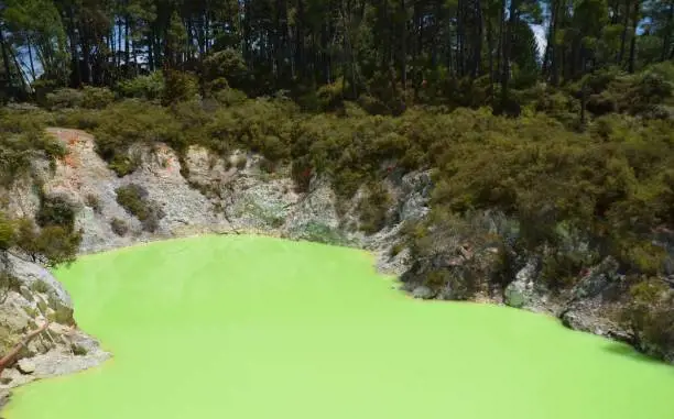 Volcanic lake with surreal color, surrounded by green forest