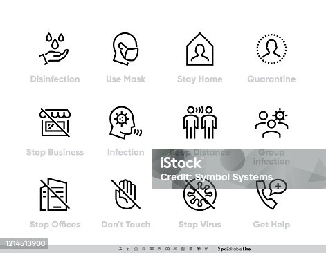 istock Coronavirus Protection Measures icon set. Vector Pack for infographic or website Contains such Icons as Disinfection, Use Mask, Stay Home, Quarantine, Stop Business, Stop Offices, Infection, Keep Distance, Group Infection, Do Not Touch, Stop Virus, Get He 1214513900