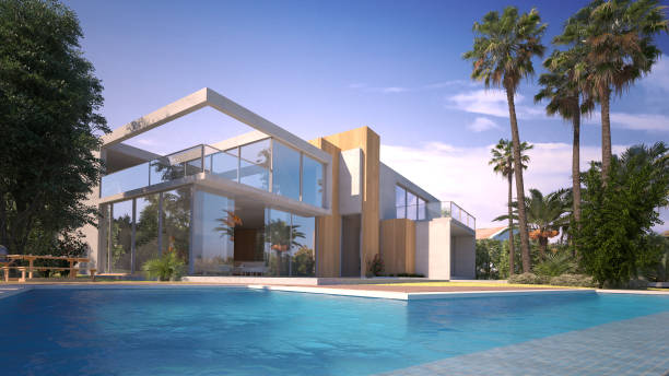 istock Modern villa with pool and exotic garden 1214513979