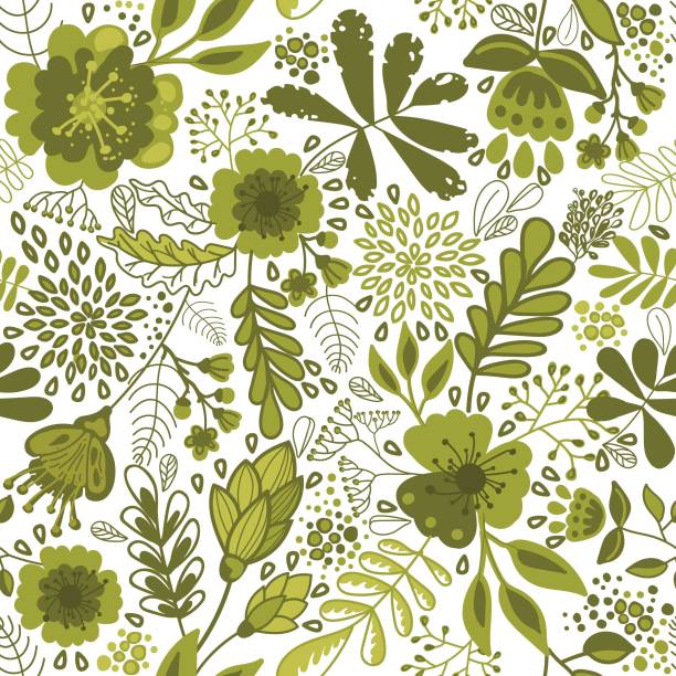 Botanical Seamless Retro Pattern Vintage Floral Wallpaper Green Flowers  Stock Illustration - Download Image Now - iStock