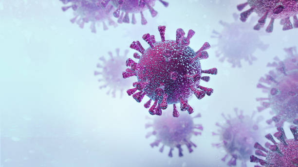 flygande lila virusmolekyler mikroskopiska detaljer på abstrakt ljus kall bakgrund. - virus bildbanksfoton och bilder