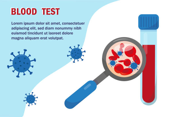 ilustrações, clipart, desenhos animados e ícones de lupa e tubo de ensaio com sangue. conceito médico. bandeira de exame de sangue. ilustração vetorial. - analyzing biology blue clinic