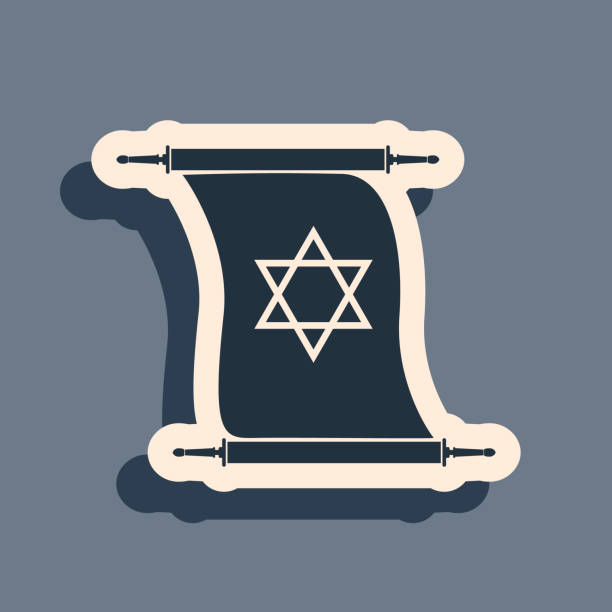 istock Black Torah scroll icon isolated on grey background. Jewish Torah in expanded form. Torah Book sign. Star of David symbol. Simple old parchment scroll. Long shadow style. Vector Illustration 1214517434