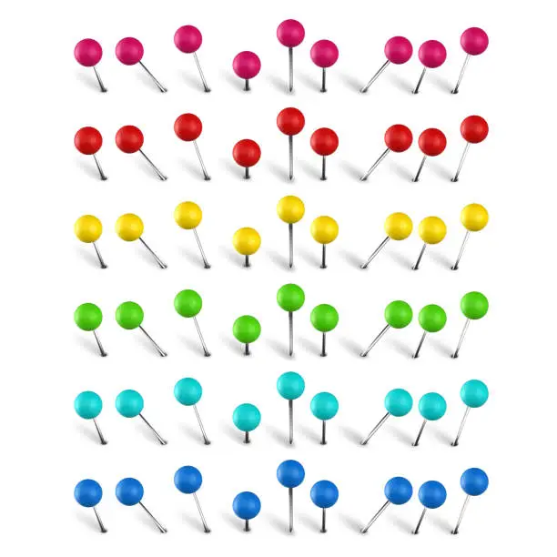 Vector illustration of Colorful pushpin, pin flag and thumbtack. Color location mark pin vector set. Bright stationery items. Paperwork needles