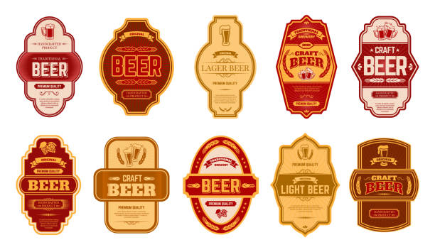 illustrazioni stock, clip art, cartoni animati e icone di tendenza di etichette vintage per birra. badge per birre retrò, lager vintage artigianale alcool o set di illustrazioni isolate vettoriali di simboli di bottiglia - birra bionda