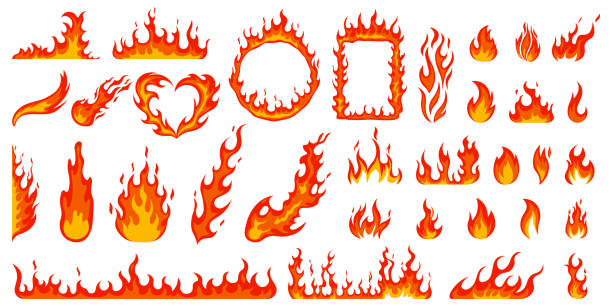 漫画のキャンプファイヤー。火の炎、明るい火の玉、熱山火事と赤い熱い焚き火、キャンプファイヤー、赤い燃えるような炎孤立したベクトルイラストセット - 炎 イラスト点のイラスト素材／クリップアート素材／マンガ素材／アイコン素材