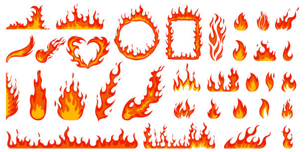 ilustrações de stock, clip art, desenhos animados e ícones de cartoon campfire. fire flames, bright fireball, heat wildfire and red hot bonfire, campfire, red fiery flames isolated vector illustration set - fireball fire isolated cut out