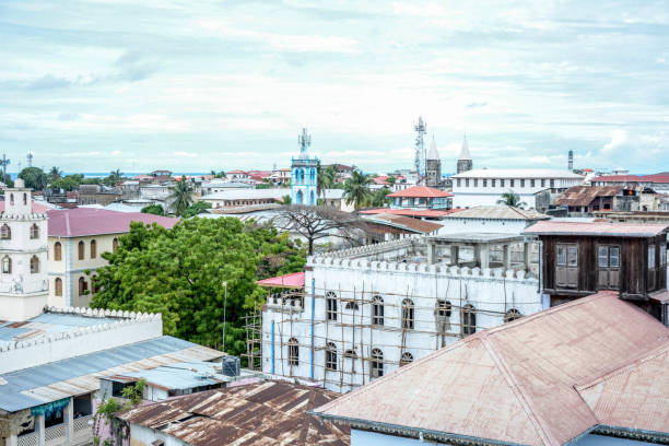 istock Zanzibar Stone town rooftop view looking over the rustic colorful corrugated iron roof sheeting 1214518505