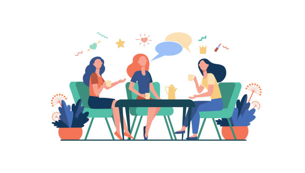 Female friends hanging out in cafe Female friends hanging out in cafe. Women sitting at table, drinking tea or coffee, talking with speech bubble. Vector illustration for chatting, communication, lunch, friendship concept meeting at cafe stock illustrations