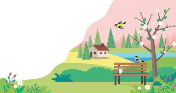 Vector illustration of Hello spring landscape with bench, houses, fields and nature. Cute vector illustration in flat style