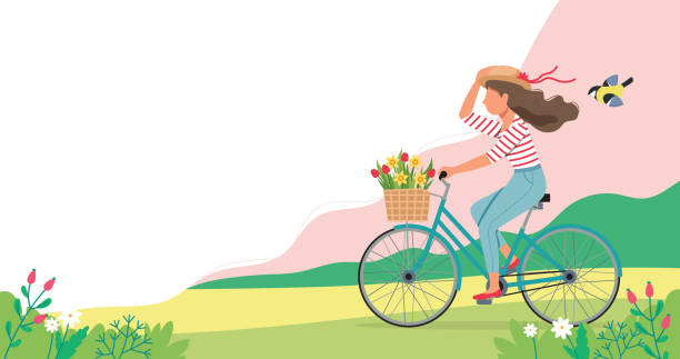 ilustrações de stock, clip art, desenhos animados e ícones de woman riding a bike in spring with flowers in the basket. cute vector illustration in flat style. - descida dos cestos