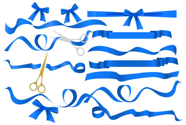 ilustrações de stock, clip art, desenhos animados e ícones de metal chrome and golden scissors cutting azure blue silk ribbon. realistic opening ceremony symbols tapes ribbons and scissors set. grand opening inauguration event public ceremony. - beginnings business new business ribbon