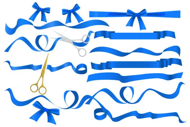 Vector illustration of Metal chrome and golden scissors cutting azure blue silk ribbon. Realistic opening ceremony symbols Tapes ribbons and scissors set. Grand opening inauguration event public ceremony.